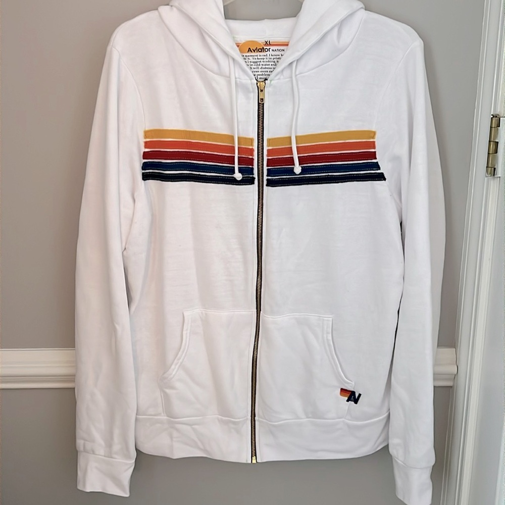 Aviator Nation, White 5 Stripe Relaxed-Zip Hoodie, XL